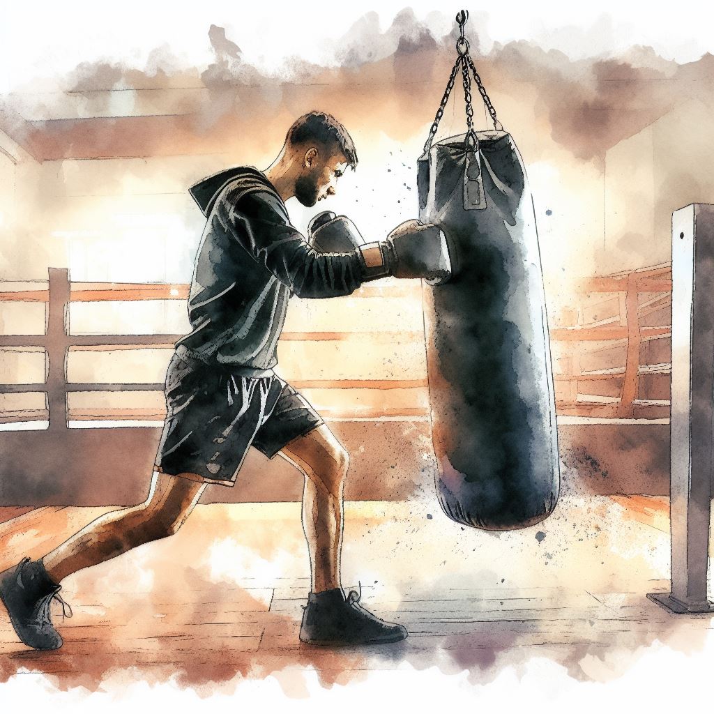 A boxer training with a heavy bag - Watercolor style