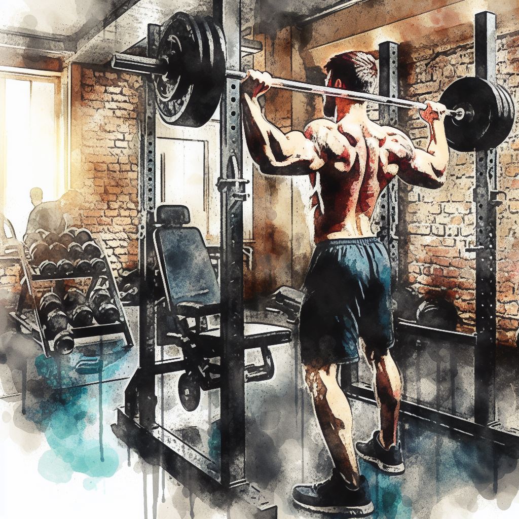A bodybuilder training in a gritty gym - Watercolor style