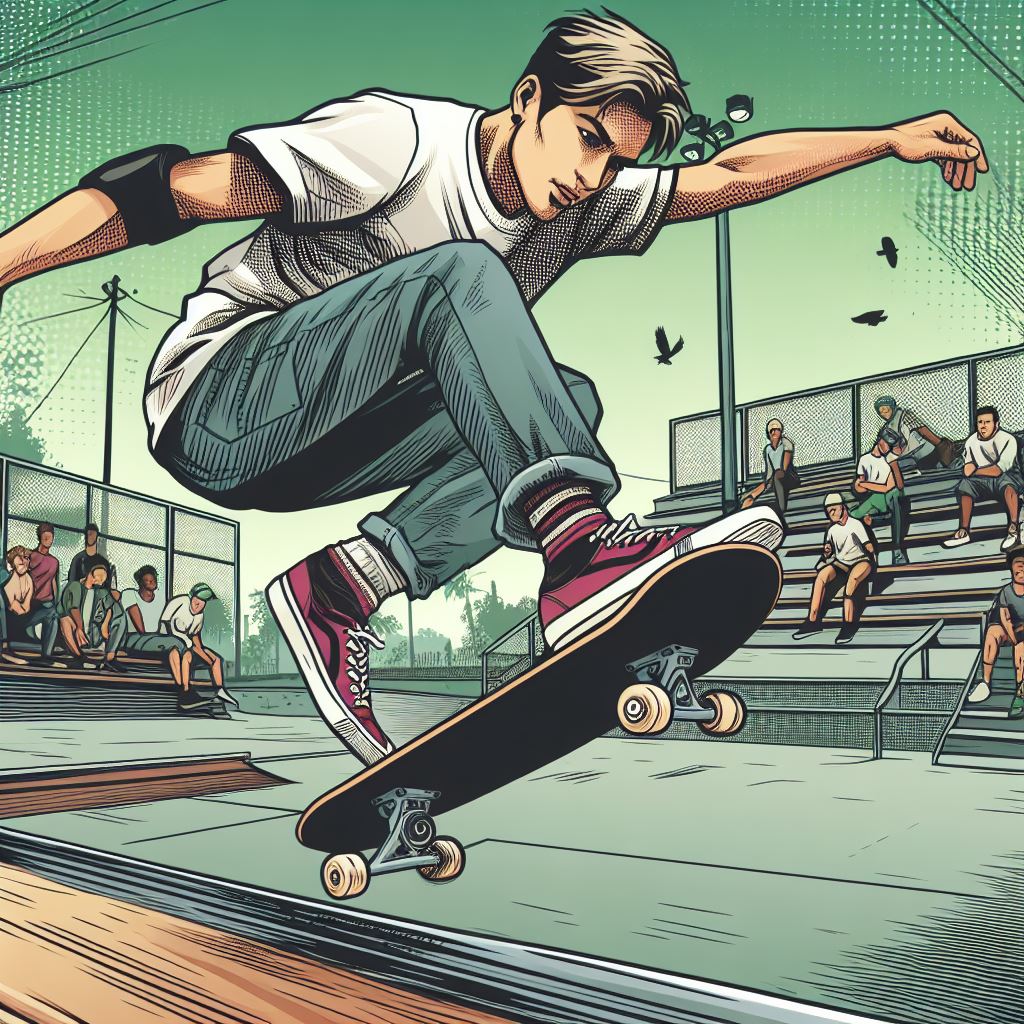 A skateboarder performing tricks in a skatepark - Comic book style