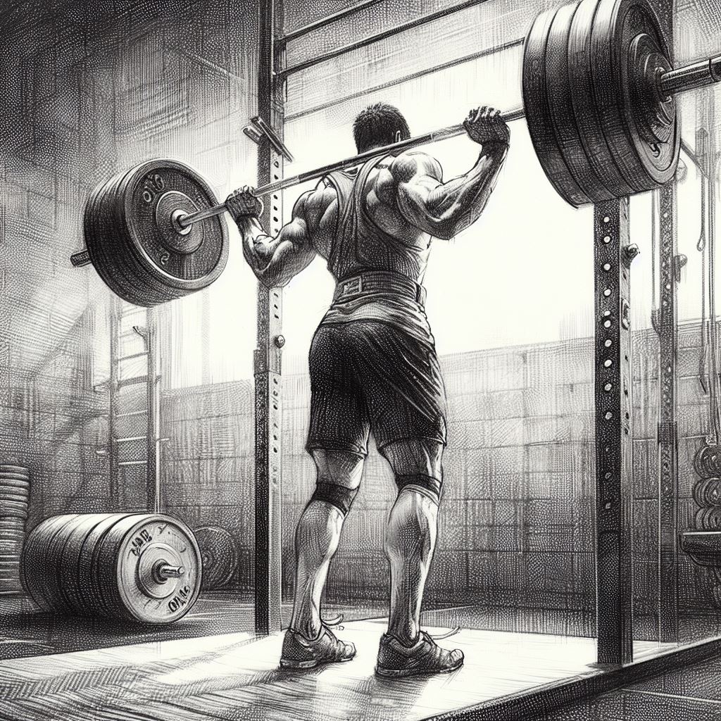 A weightlifter lifting heavy weights in a dimly lit gym - Pencil drawing style