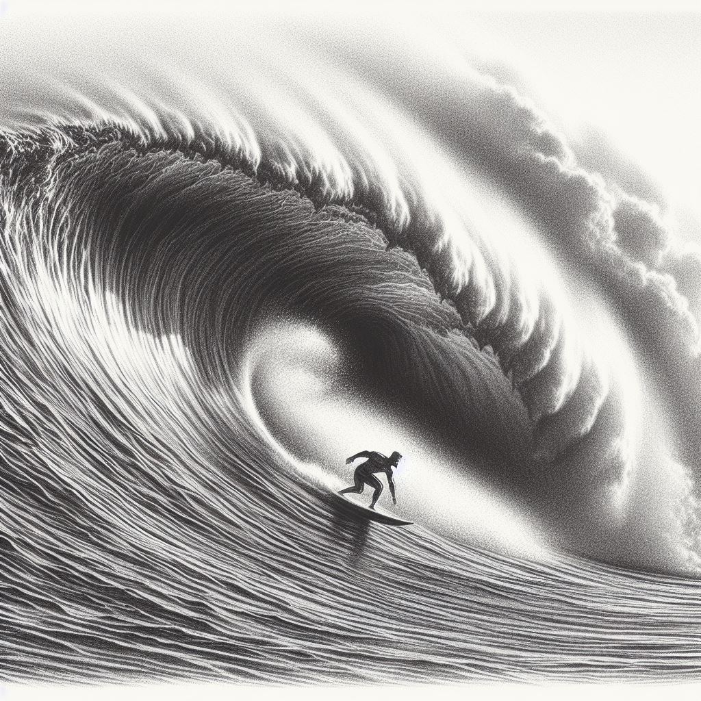 A surfer riding a massive wave - Pencil drawing style