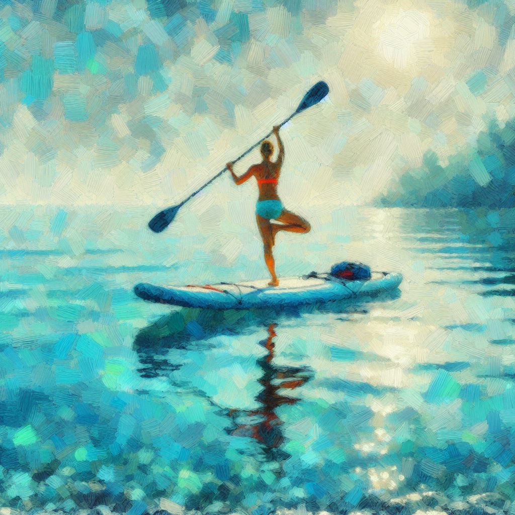 A person doing yoga on a paddleboard - Impressionism style