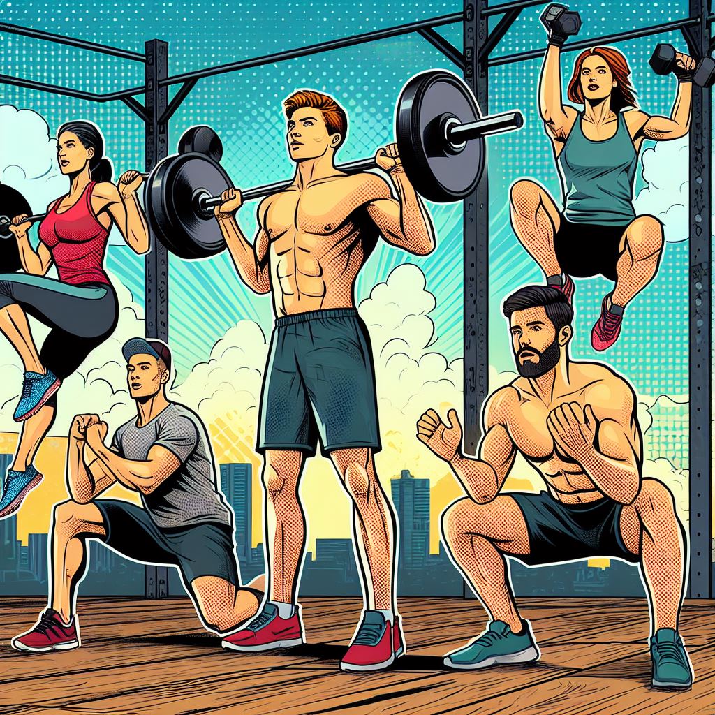A group of friends doing CrossFit exercises - Comic book style