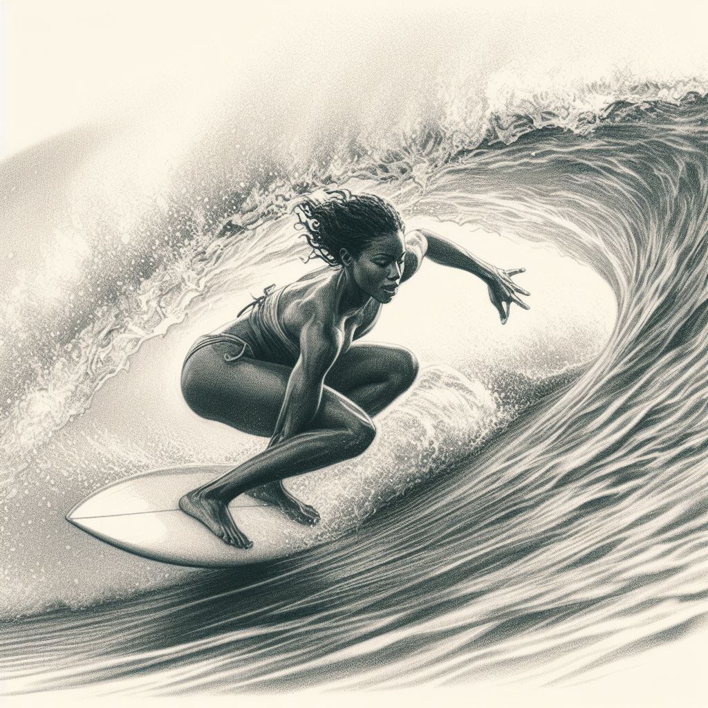 A surfer carving through a wave - Pencil drawing style