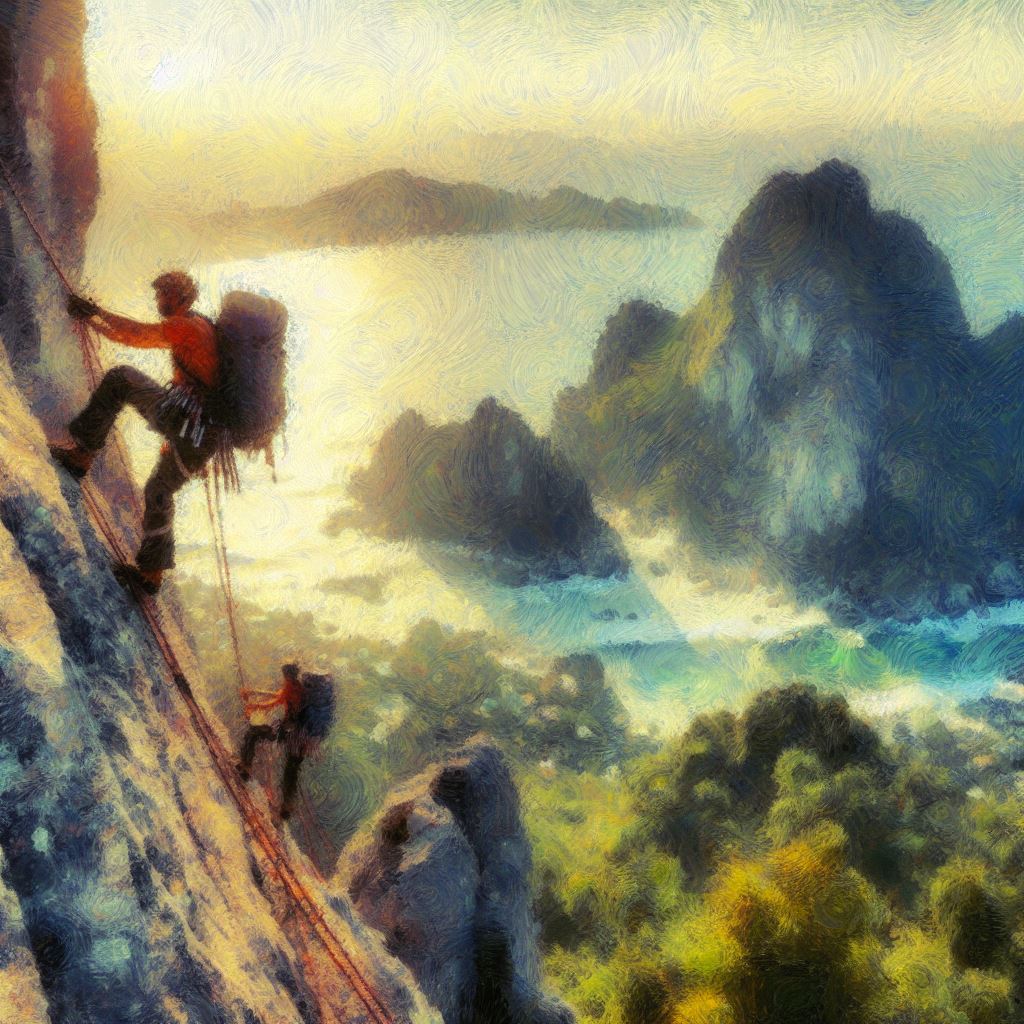 A climber scaling a rugged cliff - Impressionism style