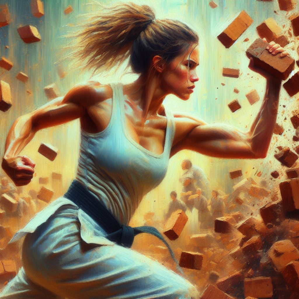 A martial artist breaking bricks - Oil painting style