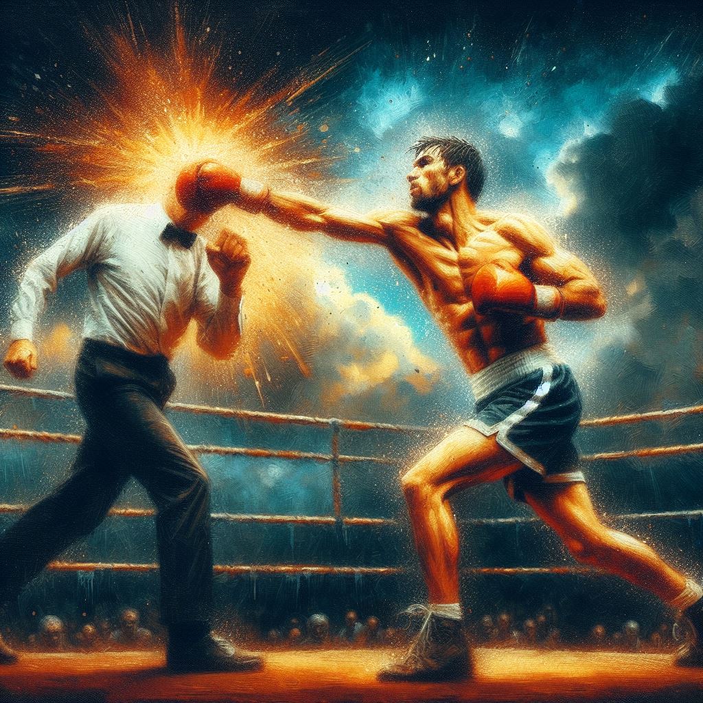 A boxer landing a knockout punch - Oil painting style