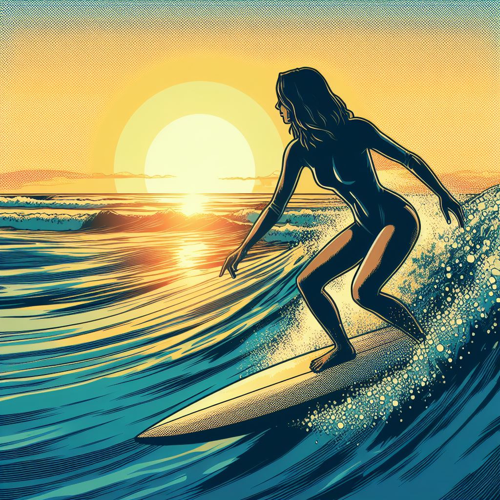 A surfer catching a wave at sunrise - Pop art style