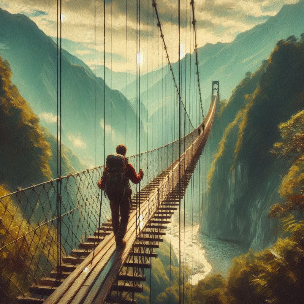 A hiker crossing a narrow suspension bridge - Oil painting style