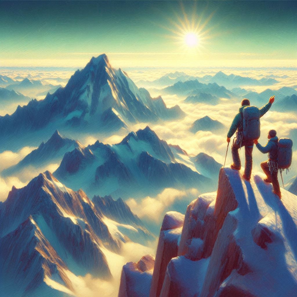 A climber reaching a mountaintop summit - Oil painting style