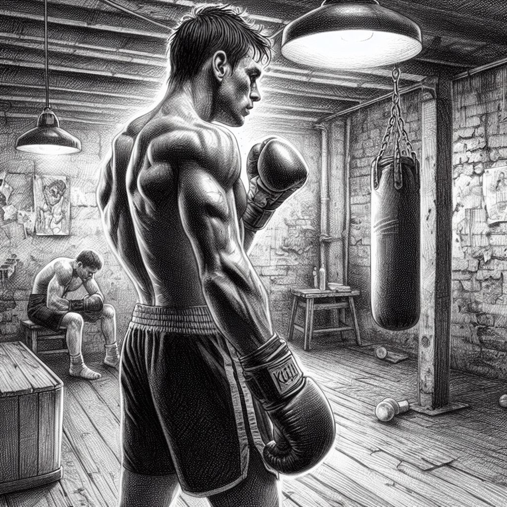 A boxer in a gritty basement gym - Pencil drawing style