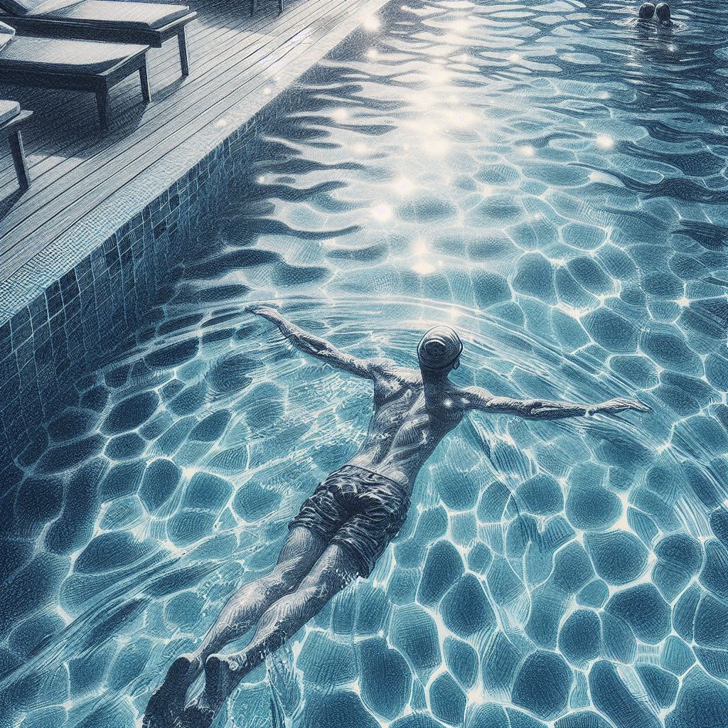 A swimmer in a pool with shimmering water - Pencil drawing style